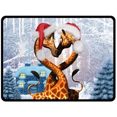 Christmas, Giraffe In Love With Christmas Hat Fleece Blanket (large)  by FantasyWorld7