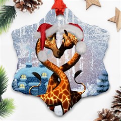 Christmas, Giraffe In Love With Christmas Hat Snowflake Ornament (two Sides) by FantasyWorld7