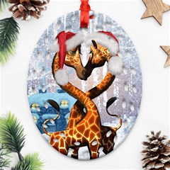 Christmas, Giraffe In Love With Christmas Hat Ornament (oval Filigree) by FantasyWorld7