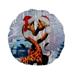 Christmas, Giraffe In Love With Christmas Hat Standard 15  Premium Round Cushions by FantasyWorld7