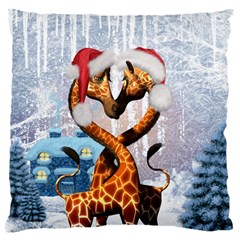 Christmas, Giraffe In Love With Christmas Hat Large Flano Cushion Case (two Sides) by FantasyWorld7