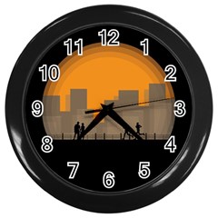 City Buildings Couple Man Women Wall Clocks (black) by Nexatart