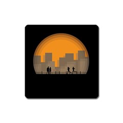 City Buildings Couple Man Women Square Magnet by Nexatart