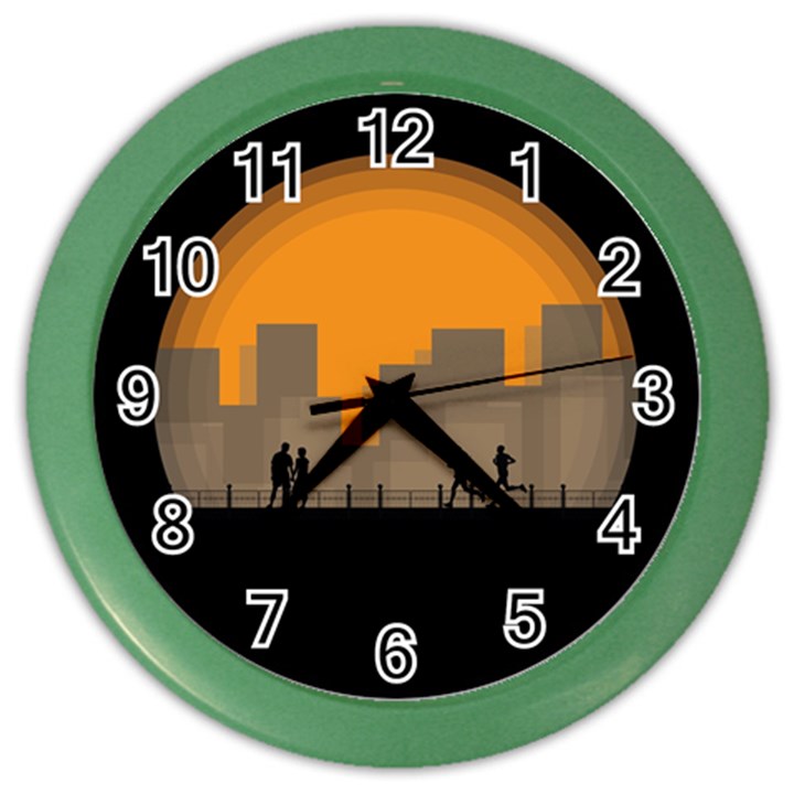 City Buildings Couple Man Women Color Wall Clocks