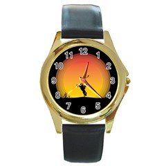 Horse Cowboy Sunset Western Riding Round Gold Metal Watch by Nexatart