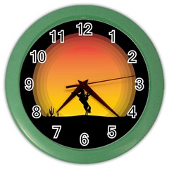 Horse Cowboy Sunset Western Riding Color Wall Clocks by Nexatart