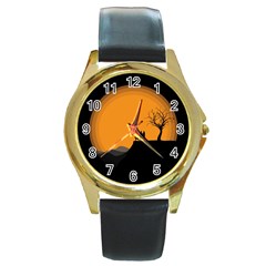 Couple Dog View Clouds Tree Cliff Round Gold Metal Watch by Nexatart