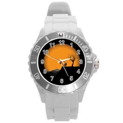 Couple Dog View Clouds Tree Cliff Round Plastic Sport Watch (l) by Nexatart