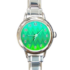 Green Zig Zag Chevron Classic Pattern Round Italian Charm Watch by Nexatart