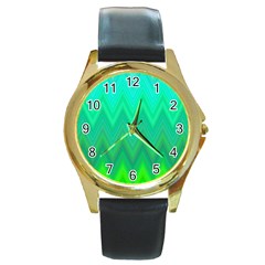 Green Zig Zag Chevron Classic Pattern Round Gold Metal Watch by Nexatart