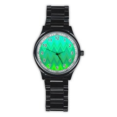 Green Zig Zag Chevron Classic Pattern Stainless Steel Round Watch by Nexatart