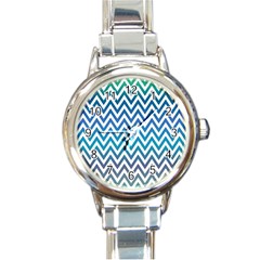 Blue Zig Zag Chevron Classic Pattern Round Italian Charm Watch by Nexatart