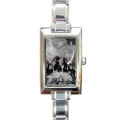 Awesome Wild Black Horses Running In The Night Rectangle Italian Charm Watch by FantasyWorld7