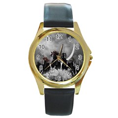 Awesome Wild Black Horses Running In The Night Round Gold Metal Watch by FantasyWorld7