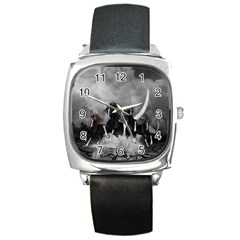 Awesome Wild Black Horses Running In The Night Square Metal Watch by FantasyWorld7