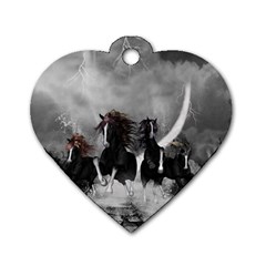 Awesome Wild Black Horses Running In The Night Dog Tag Heart (one Side) by FantasyWorld7