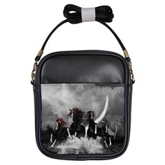 Awesome Wild Black Horses Running In The Night Girls Sling Bags by FantasyWorld7