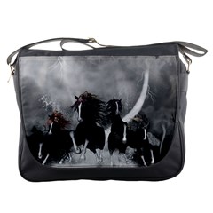 Awesome Wild Black Horses Running In The Night Messenger Bags by FantasyWorld7