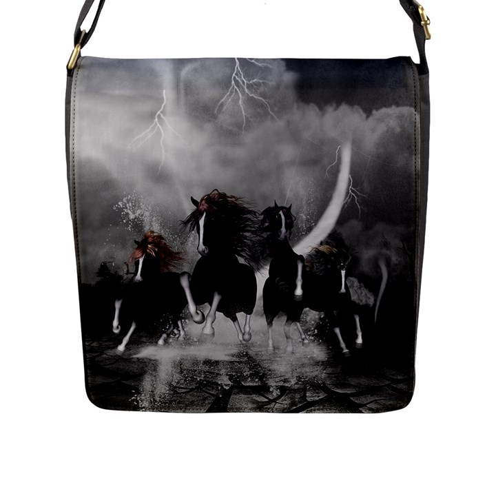 Awesome Wild Black Horses Running In The Night Flap Messenger Bag (L) 