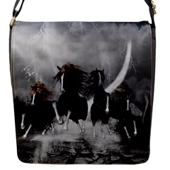 Awesome Wild Black Horses Running In The Night Flap Messenger Bag (s) by FantasyWorld7