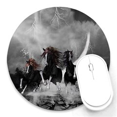 Awesome Wild Black Horses Running In The Night Round Mousepads by FantasyWorld7