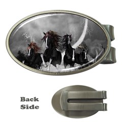 Awesome Wild Black Horses Running In The Night Money Clips (oval)  by FantasyWorld7