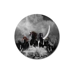 Awesome Wild Black Horses Running In The Night Magnet 3  (round) by FantasyWorld7