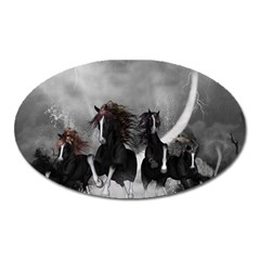 Awesome Wild Black Horses Running In The Night Oval Magnet by FantasyWorld7