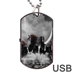 Awesome Wild Black Horses Running In The Night Dog Tag Usb Flash (two Sides) by FantasyWorld7