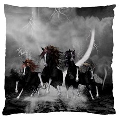 Awesome Wild Black Horses Running In The Night Large Cushion Case (one Side) by FantasyWorld7