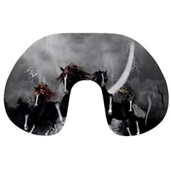 Awesome Wild Black Horses Running In The Night Travel Neck Pillows by FantasyWorld7