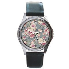 Pink Flower Seamless Design Floral Round Metal Watch by Nexatart