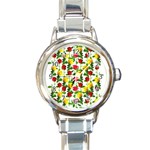 Rose Pattern Roses Background Image Round Italian Charm Watch Front