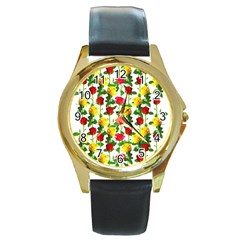 Rose Pattern Roses Background Image Round Gold Metal Watch by Nexatart