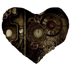 Stemapunk Design With Clocks And Gears Large 19  Premium Heart Shape Cushions by FantasyWorld7