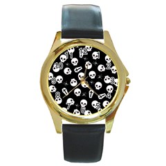 Skull, Spider And Chest  - Halloween Pattern Round Gold Metal Watch by Valentinaart