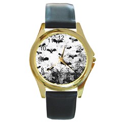 Vintage Halloween Bat Pattern Round Gold Metal Watch by Valentinaart