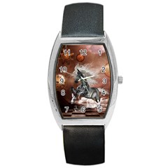 Steampunk, Awesome Steampunk Horse With Clocks And Gears In Silver Barrel Style Metal Watch by FantasyWorld7