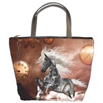 Steampunk, Awesome Steampunk Horse With Clocks And Gears In Silver Bucket Bags Front