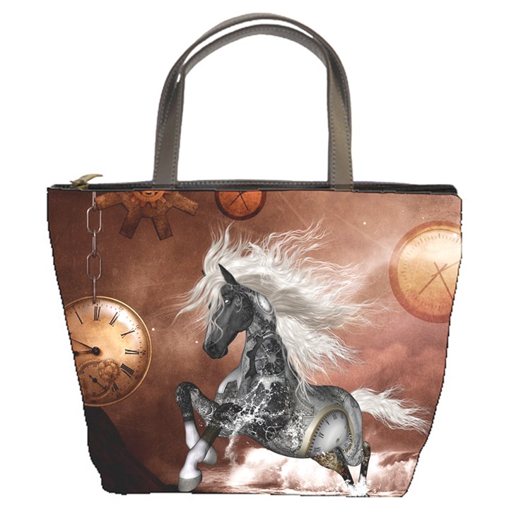 Steampunk, Awesome Steampunk Horse With Clocks And Gears In Silver Bucket Bags