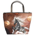 Steampunk, Awesome Steampunk Horse With Clocks And Gears In Silver Bucket Bags Back