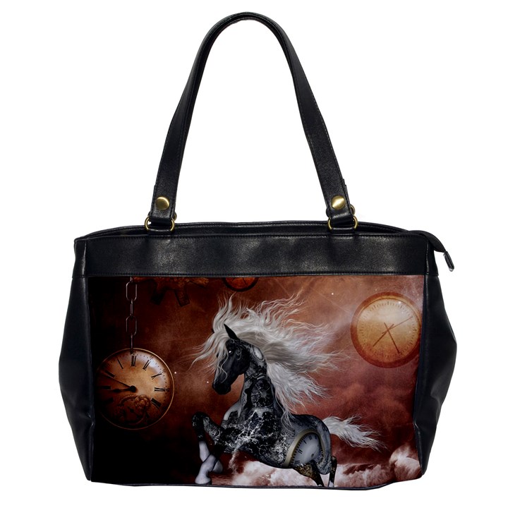 Steampunk, Awesome Steampunk Horse With Clocks And Gears In Silver Office Handbags