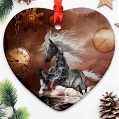 Steampunk, Awesome Steampunk Horse With Clocks And Gears In Silver Ornament (heart) by FantasyWorld7