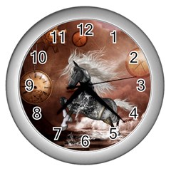 Steampunk, Awesome Steampunk Horse With Clocks And Gears In Silver Wall Clocks (silver)  by FantasyWorld7