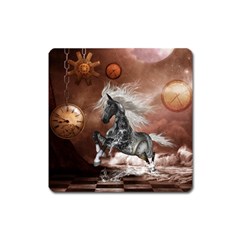 Steampunk, Awesome Steampunk Horse With Clocks And Gears In Silver Square Magnet by FantasyWorld7