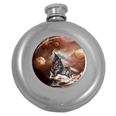 Steampunk, Awesome Steampunk Horse With Clocks And Gears In Silver Round Hip Flask (5 Oz) by FantasyWorld7