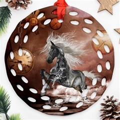 Steampunk, Awesome Steampunk Horse With Clocks And Gears In Silver Round Filigree Ornament (two Sides) by FantasyWorld7