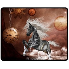 Steampunk, Awesome Steampunk Horse With Clocks And Gears In Silver Double Sided Fleece Blanket (medium)  by FantasyWorld7