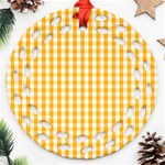 Pale Pumpkin Orange and White Halloween Gingham Check Ornament (Round Filigree) Front