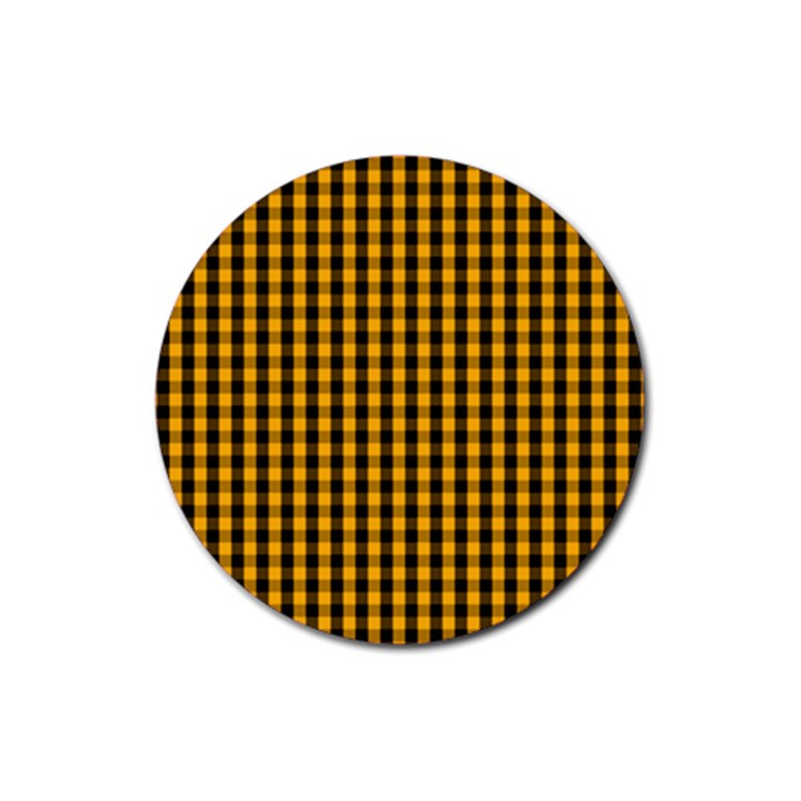 Pale Pumpkin Orange and Black Halloween Gingham Check Rubber Round Coaster (4 pack) 